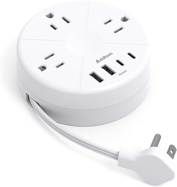 Addtam Travel Esstentials - Cruise Approved Power Strip with 5ft Retractable Cord, Ultra Thin Flat Plug, 3 Outlets 4 USB (2 USB C), Non Surge Protector for Travel/Cruise/Home/Dorm/Office, ETL Listed - 1