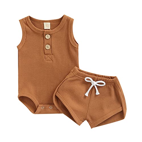 Image of Ledy Champswiin Summer Newborn Baby Boy Girl Clothes Set Ribbed Outfits Unisex Infant Solid Short Sleeve Tops Shorts 2PCS