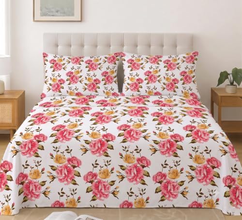 Image of IVAZA 240 TC Soft Ezyption Cotton Floral Print King Size Bedsheet - with 2 Pillow Covers, Hypoallergenic, Brethable, (Size- 90 x 90 Inch) Pink White