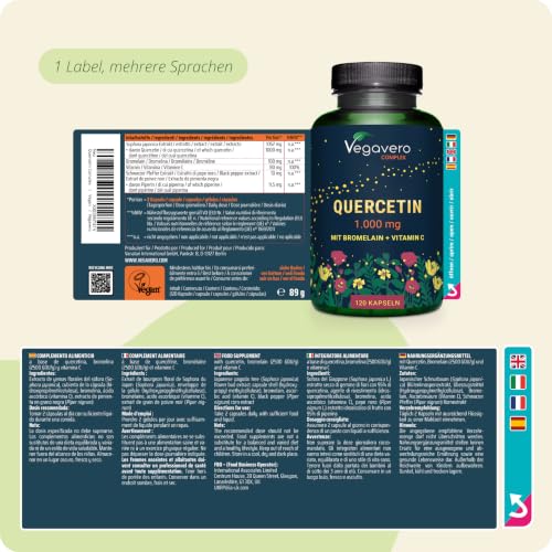 Vegavero Quercetin Komplex hochdosiert 1000 mg - mit Bromelain & Vitamin C - hohe Bioverfügbarkeit dank Piperin - vegan & ohne Zusatzstoffe - 120 Kapseln