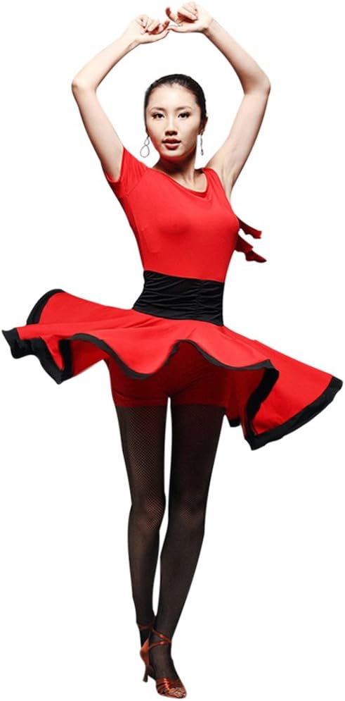 Faship Womens Dance Dress Black Red Ballroom Latin Tango Rumba Cha Cha Samba,Small,Red
