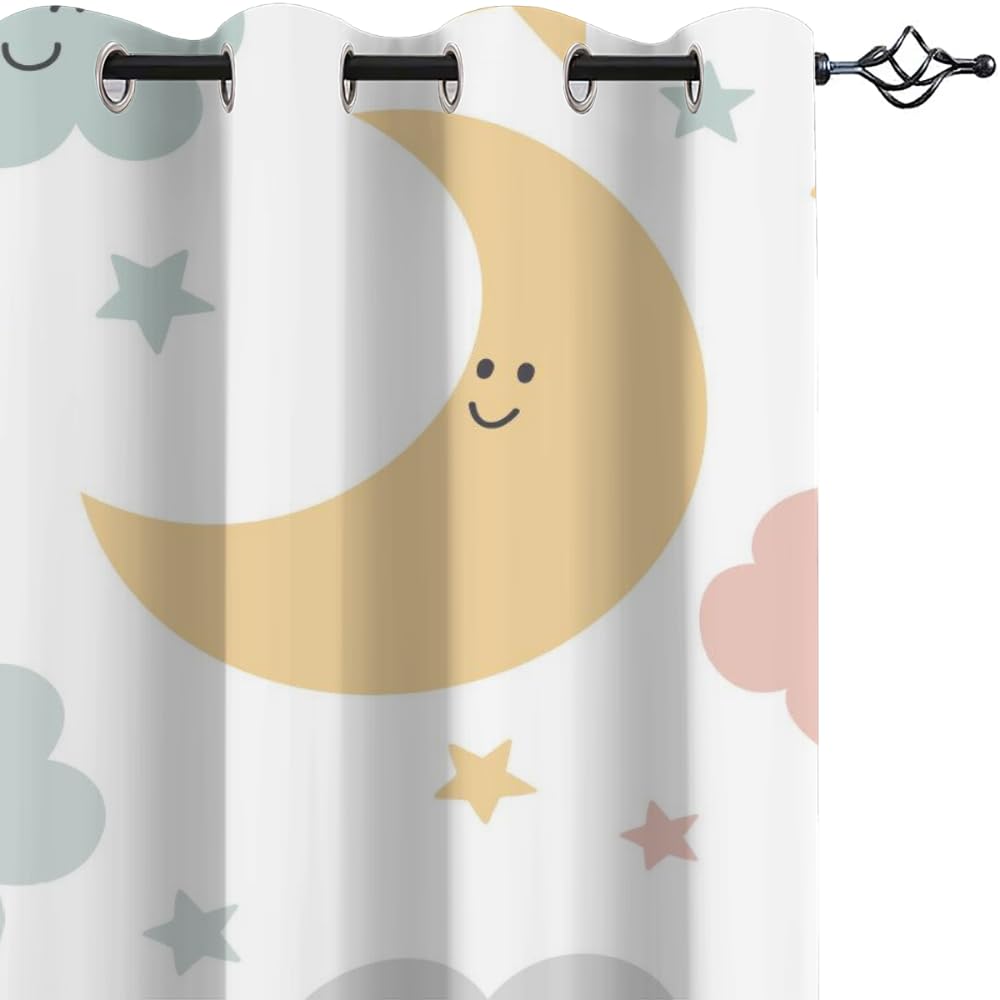 3D étoiles Lune Rideau Occultant Jolis Nuages Isolant Thermique Rideaux Chambre Rideaux À Oeillets Anti Bruit 140x240cm 2 Panneaux pour Fille Garcon d'enfant