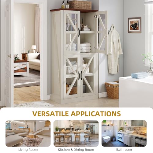 DWVO 66" Storage Cabinet, Tall Bookshelf Display Cabinet, 4 Shelves Curio Cabinet with Tempered Glass Doors, Trophy Display Case for Living Room and Dinning Room, White