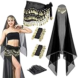 GANZHOUYILAN 4 Pcs Belly Dance Hip Scarf Sets, Belly Dance Skirt & Head Scarf with Coins, 2 Coin Wrist Bracelet 50 Bobby Pins (US, Alpha, One Size, Regular, Short, Black)
