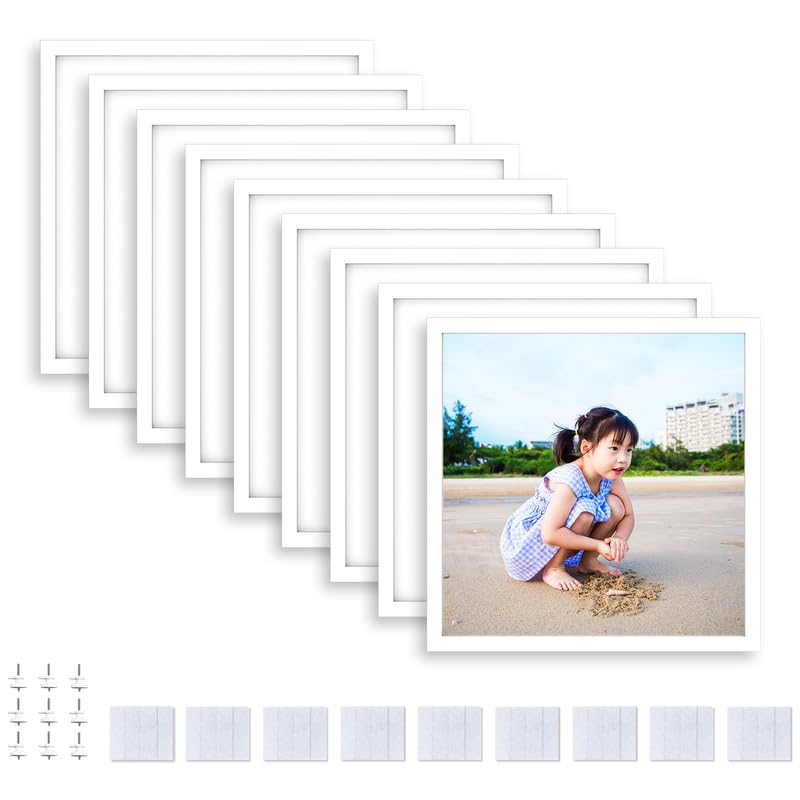 Happy Reunion 8x8 Picture Tiles | Mix Tiles Picture Frames Stick on Wall | Photo Tiles Peel and Stick Picture Frames as Gallery Wall Frame Set (White - 9 Pcs)