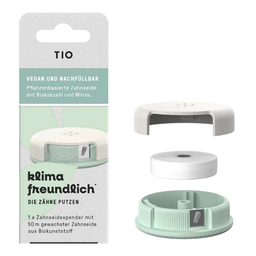 TIO Zahnseidespender, vegane Zahnseide gewachst, 50m (12er Pack)