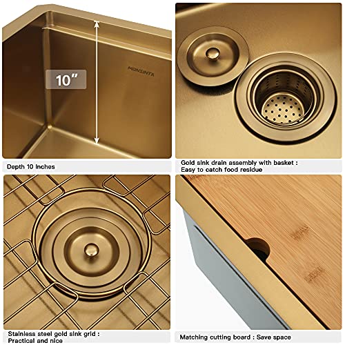 Monsinta Gold Bar Sink, Undermount Bar Sink, 15" X 15" Small Single Bowl Bar Sink, Rv Sink, 16 Gauge Stainless Steel Kitchen Sink With Sink Protector, Cutting Board And Sink Drain Assembly #TOP4