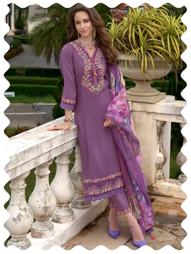 Image of INDO ERA Women's Silk Blend Embroidered A-Line Kurta and Pant with Dupatta Set (Ieout6682)