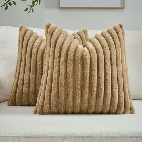 FUTEI Camel Striped Decorative Throw Pillow Covers 22x22 Inch Set of 2,Square Fall Decorations Couch Pillow Case,Soft Cozy Faux Rabbit Fur & Velvet Back,Modern Home Decor for Bed