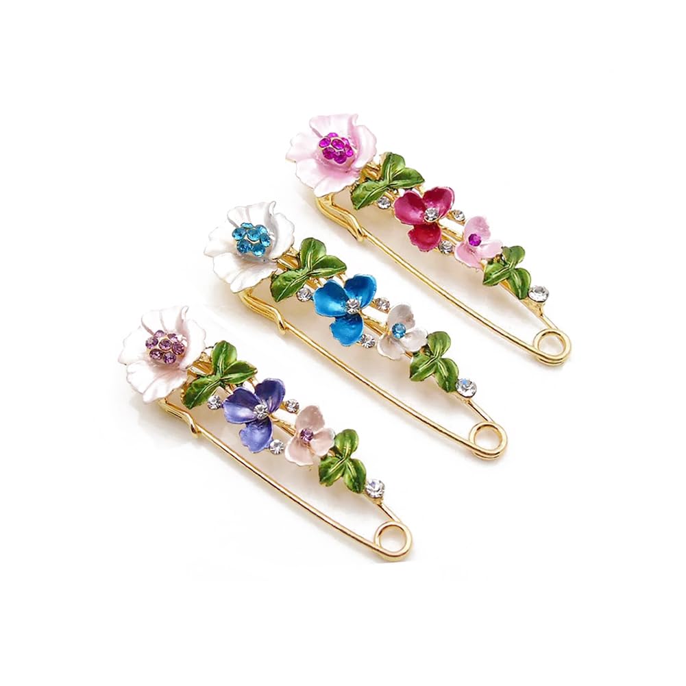 ARFUKA Safety Pins Rhinestone Flower Large Safety Pins Women Brooch Pins Cinch Clip Cardigan Clips for Women Skirts Sweater Scarf Lapel Hat Accessories Pack of 3