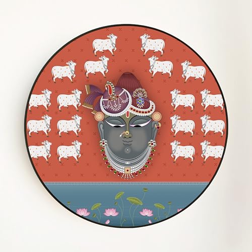 Image of PAINTINGMANTRA Lord Shrinathji Pichwai Art Round Large Wall Art Painting for Living Room Decoration, Circular Gold Metal Finish Stylish Large Wall Art Print for Wall Decor (22x22 Inches)