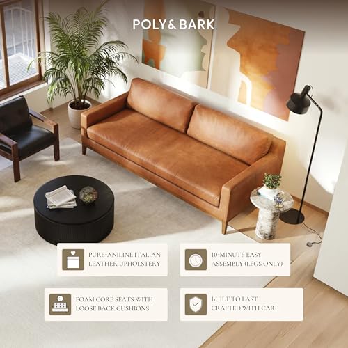 Image of POLY & BARK Zyon 90 inch Sofa - Saddle Tan Full-Grain Pure-Aniline Italian Leather, Feather-Down Cushions, Solid Wood Base & Legs, Mid-Century Modern Design