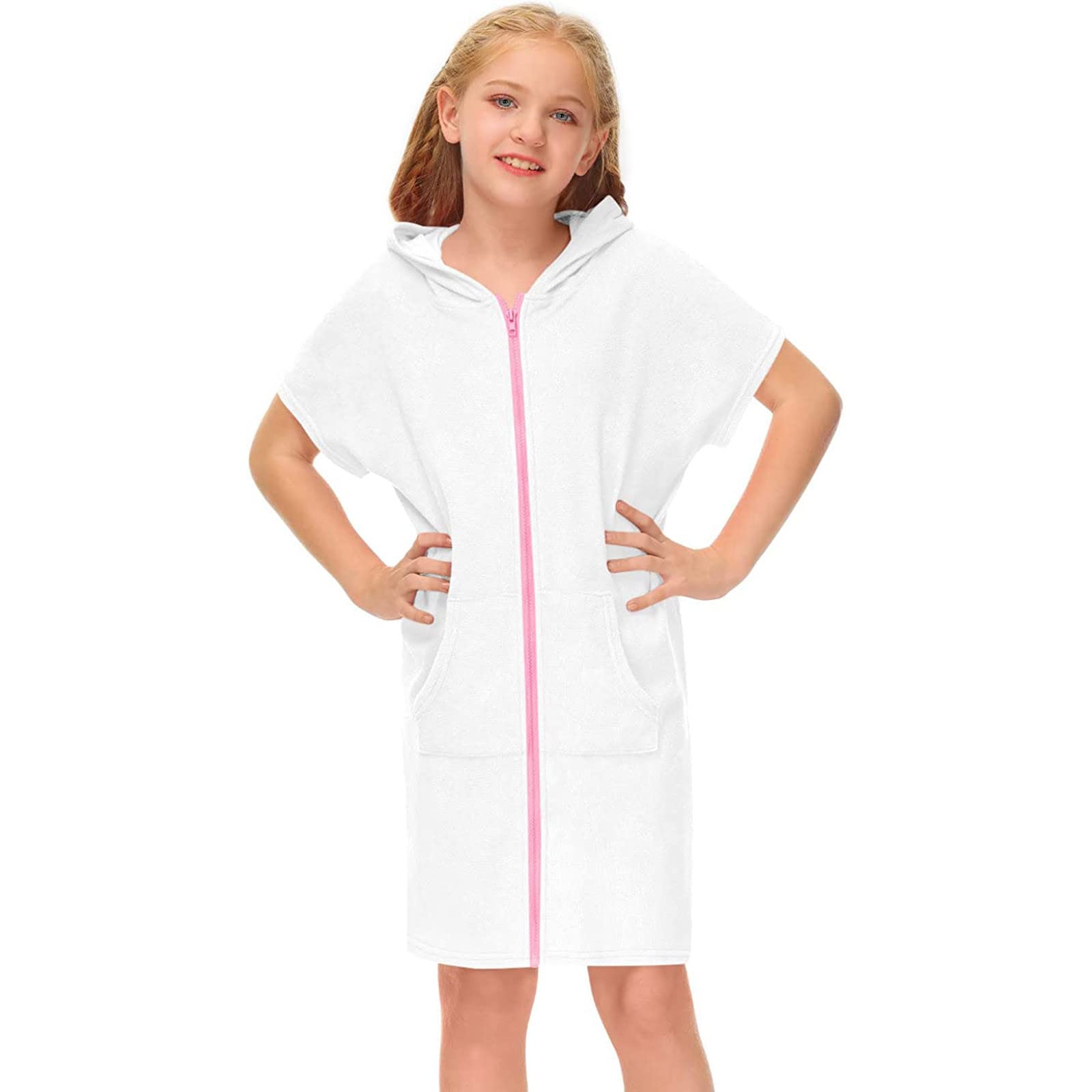 Gardez-le en cadeaux pour enfants avec fermeture éclair et capuche en tissu éponge pour la natation et la plage en coton été à manches courtes peignoir avec poches robe de plage pour enfants