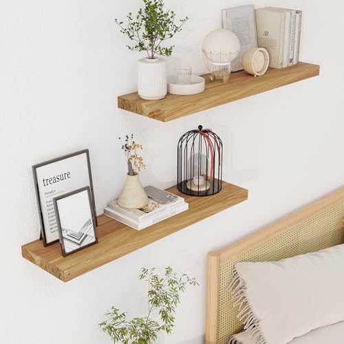 Image of Floating Shelves for Wall, 30in Reclaimed Elm Wood Shelves, Natural, 2PCs | 8'' D Rustic Solid Elm Wood Shelves for Storage, Wall Mounted Display Shelving with Invisible Heavy-Duty Metal Bracket