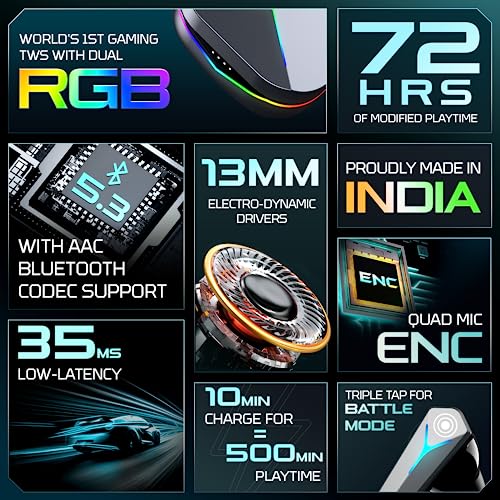 Image of Mivi Commando Q9 Gaming TWS with Aurora Light, Dual RGB,13mm Electro-Dynamic Drivers, 72Hrs Playtime,35MS Low Latency,Type C Charging,Quad Mic ENC, Made in India Gaming Earbuds - Red