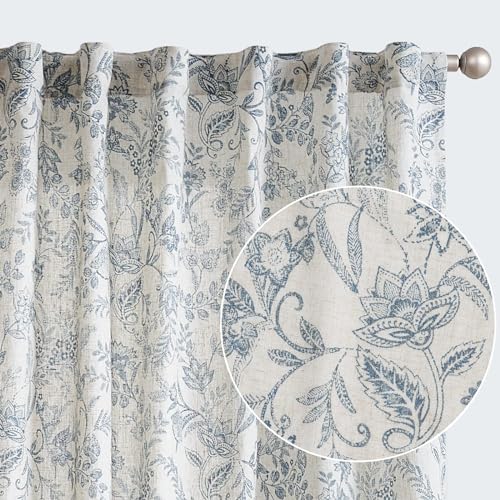 jinchan Floral Linen Blend Curtains for Living Room Blue French