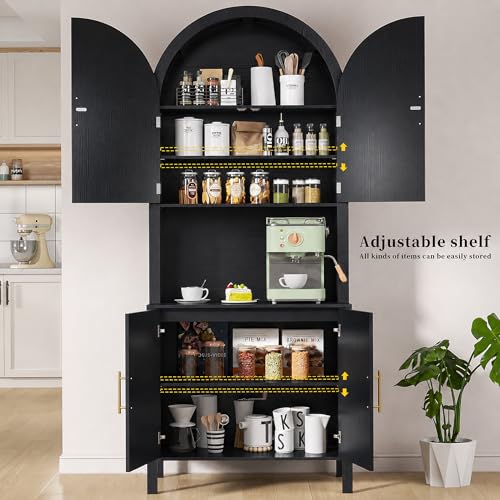 Image of 76 inch Tall Arched Kitchen Pantry,Large Storage Cupboard with Fluted Doors,Microwave Shelf,Modern Wooden Buffet Sideboard,Adjustable Shelves,Cabinet for Dining,Living Room,Black