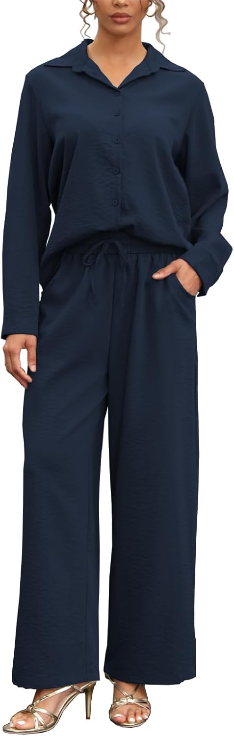kaimimei Women's Linen 2 Piece Outfits Loungewear Set Button Down Shirt Wide Leg Pants with Pockets Comfortable Casual