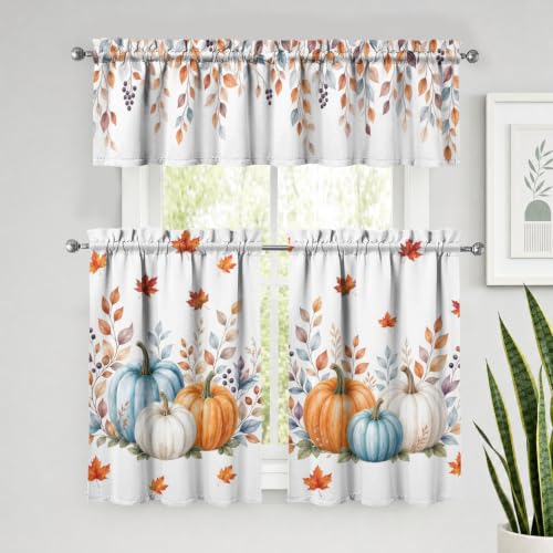 Image of Fall Pumpkin Kitchen Curtains 3 Piece Set Tier Valance