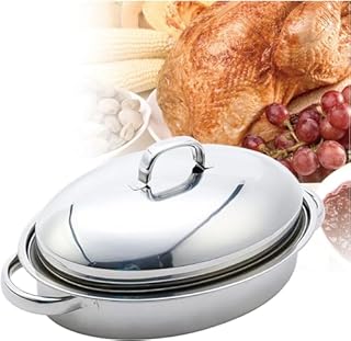 Roasting Pan, Roasting Pan Oval Roaster with Stainless Steel Lid and Polished Rack Turkey Chicken Roaster Elliptical Steamed Fish Pot Multi-use Cookware for Tender Roast, Deep Dishes(Extra deep)