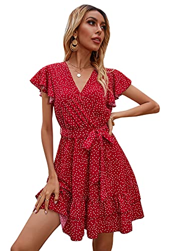 Floerns Women's Summer Polka Dots V Neck Ruffle Cap Sleeve A Line Mini Dress Red L #TOP2