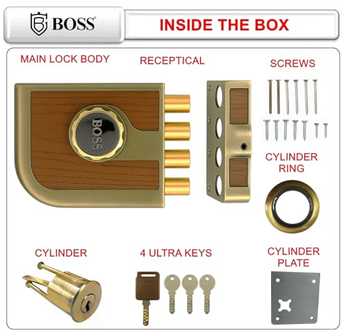 Image of B BOSS Tetrabolt Rim Lock with Integrated Handle | 4 Brass Dead Bolts | 4 High Security 14-Pin Ultra Keys | Inside Opening Main Door Lock | 15 Years Manufacturing Warranty (Antique Brass)
