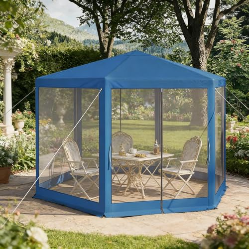 Carpa plegable de 3,8 x 3,3 m, resistente al agua, protección UV50+, con mosquitera, para jardín y terraza, marco de metal estable, tela Oxford resistente a desgarros, color azul