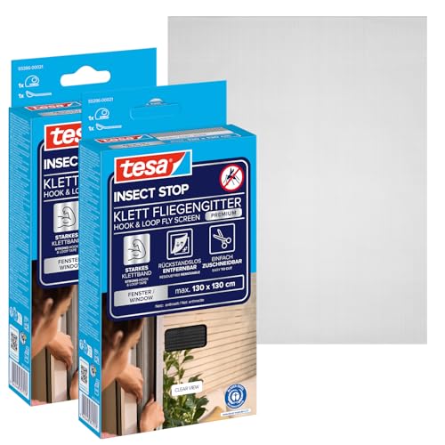 tesa INSECT STOP Klett Fliegengitter Premium für Fenster, Insektenschutz mit starkem Klettband, rückstandsfrei entfernbar, zuschneidbar, ohne Bohren - 2x 130 cm x 130 cm - Anthrazit (Durchsichtig)