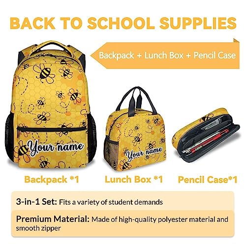 Personalized Bee Backpack with Lunch Box, Set of 3 School Backpacks Matching Combo, Cute Yellow Bookbag And Pencil Case Bundle3