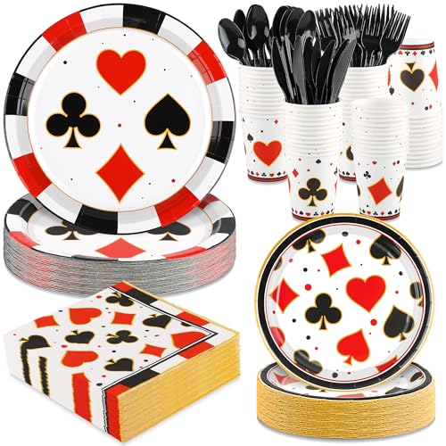 durony 350 Pieces Casino Print Party Tableware Set Including Casino Party Plates Cups Napkins Knives Forks Spoons Serves 50 for Poker Club Casino Theme Party Decorations
