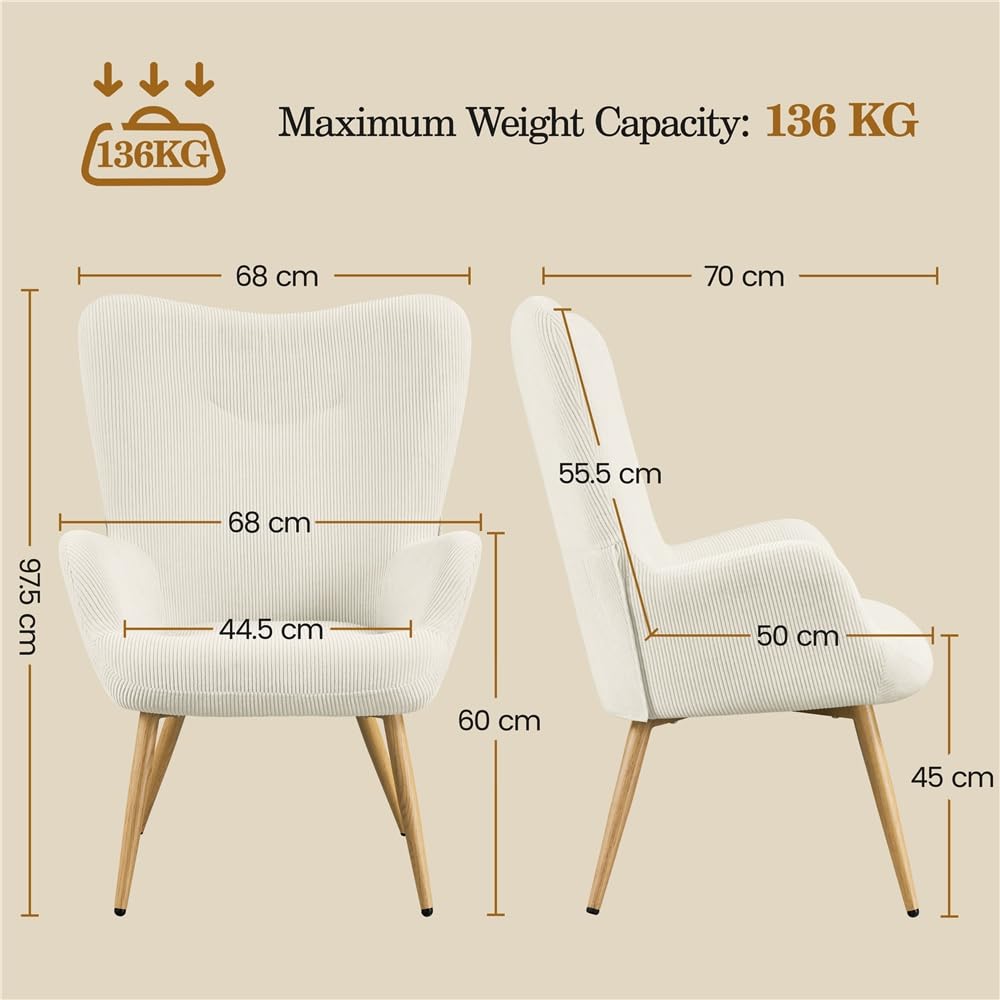Yaheetech Ohrensessel eleganter Armsessel aus Cordstoff mit Klappbarer Rückenlehne Sessel bis belastbar Sessel fürs Wohnzimmer/Schlafzimmer Beige – Bild 3
