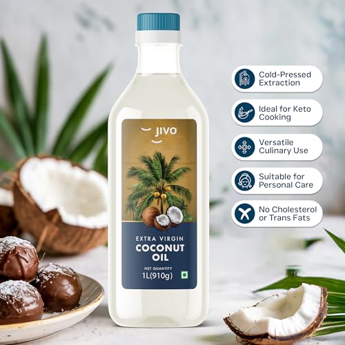 Image of JIVO Cold Pressed Extra Virgin Coconut Cooking Edible Oil 1 Litre | Multipurpose Use, Good for Salad Keto Diet Dressing Zero Cholesterol Trans Fat Chemical Free. (Pack of 2)