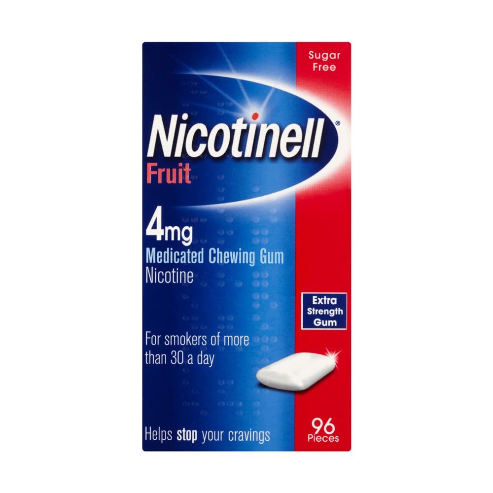 Nicotinell Fruit Gum 4mg (96 Pieces), Stop Smoking Aid, Sugar Free Nicotine Gum, Mild Fruit Flavour, 4mg Extra Strength for Heavy Smokers, Quit Smoking Aid