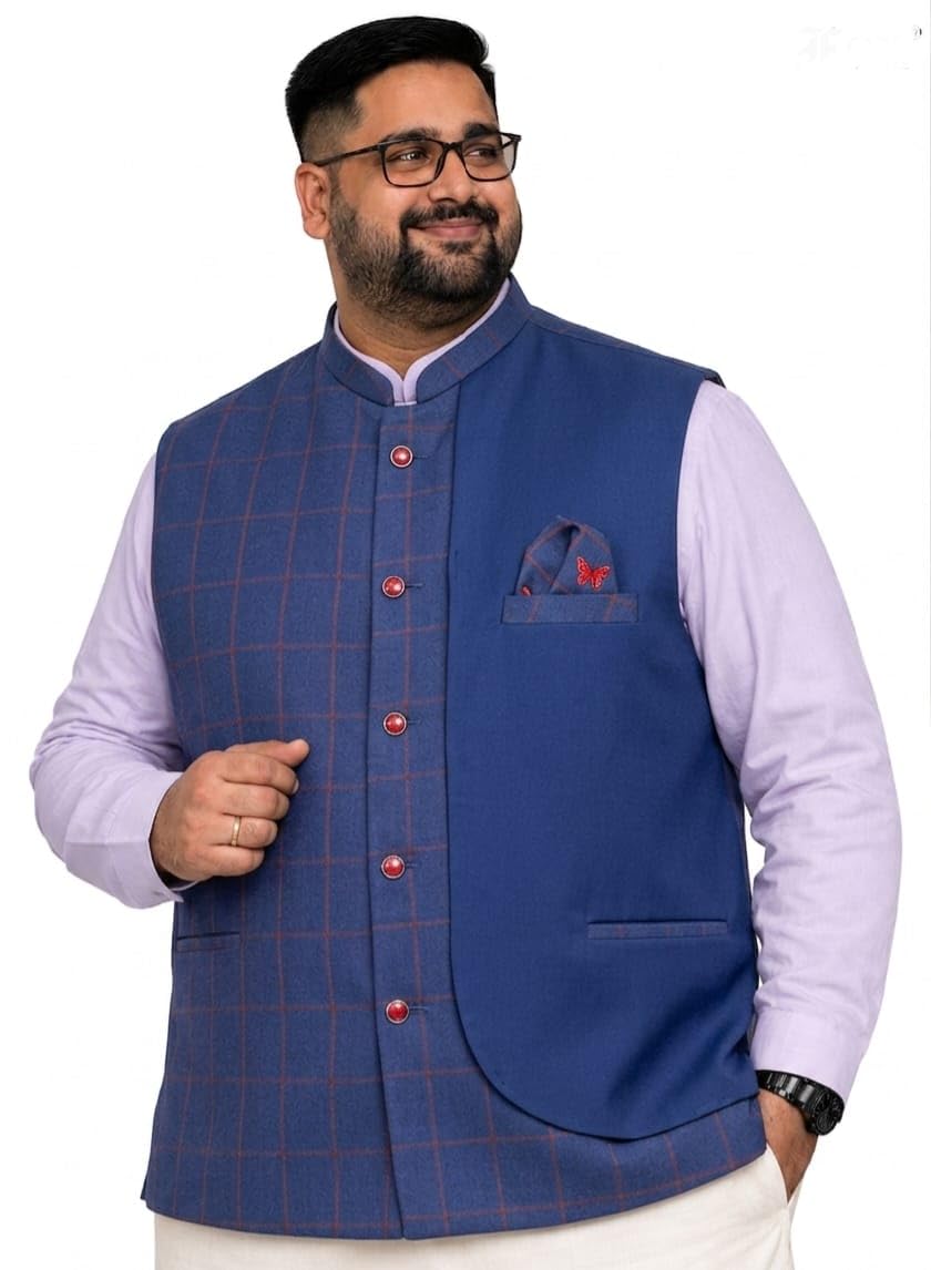 ifox lifestyle Men's Plus/Tall/Big Size Nehru/Modi Jacket, Designer Blue Check Jawahar Coat/Waistcoat for Wedding and Party-picture-18