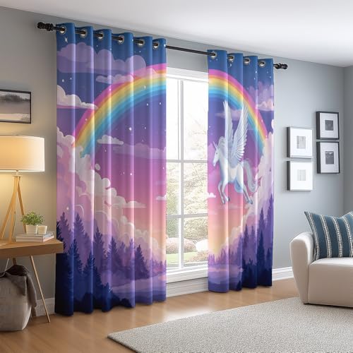Genérico Cortinas Opacas 70An x 145Al cm 2 Paneles, Fantasía Arcos Bosque Pegaso Cortinas Estampadas para Habitación Sala de Estar Dormitorio - Aislamiento de Microfibra cepillada con Ojales Color
