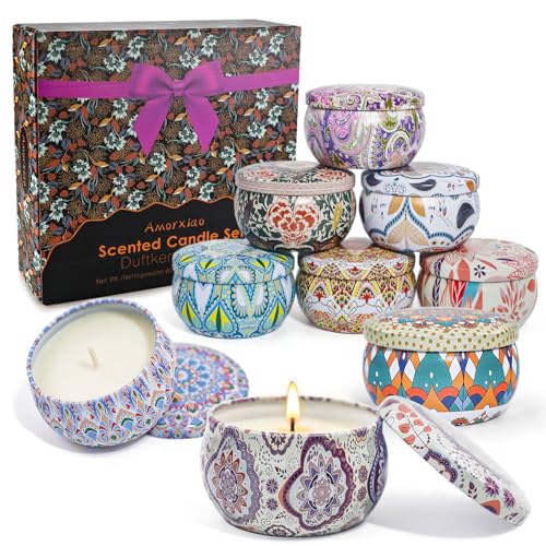70g*9 Pezzi Candele Profumate in Latta Decorativa, Regalo Set per Donna, Regalo di San Natale per Profumata Selezionata Aromaterapia per lei, Confezione Regalo di Compleanno o San Natale