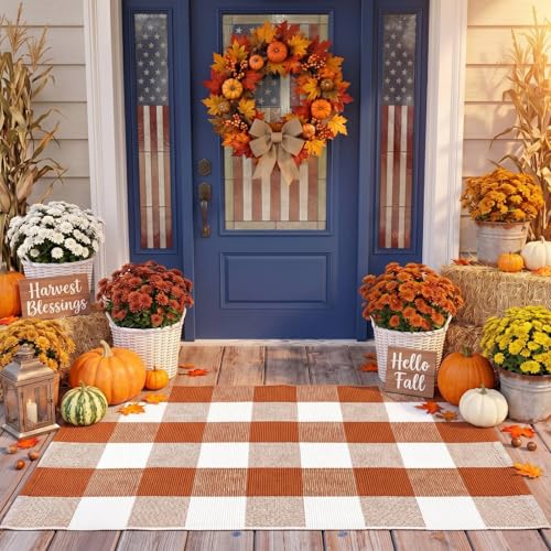 Moucuny Fall Outdoor Rug, 23.62 x 35.43 in, Coffee White Plaid