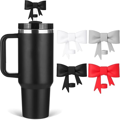4 fundas para pajitas con lazo compatibles con vasos Stanley de 30 y 40 onzas, lindo popote de silicona reutilizable negro de 0.394 in para vaso
