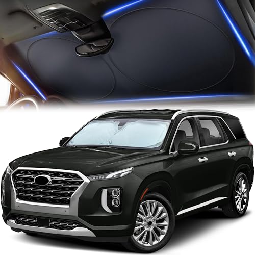 Image of Car Windshield Sun Shade, 240T Reflective Polyester Sunshade Blocks 99% UV Rays and Heat, Keeps Interior Cool, Foldable Sunshade for Car SUV and Truck with Storage Bag,Large (64 inch x 34 inch)