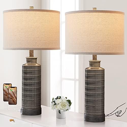 Set of 2 Farmhouse Table lamps for Bedroom Bedside, 3-Way Dimmable Touch Ceramic Lamp with Dual USB Ports, Rustic Retro Bronze Decor Desk Lamp for Living Room End Table Entryway, 2 Bulbs Included