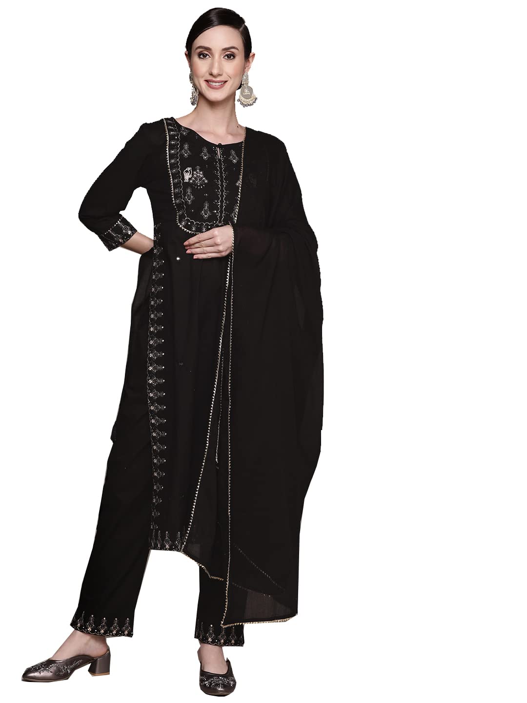 Ishin Women's Cotton Black Embroidered A-Line Kurta Set With Trouser & Dupatta