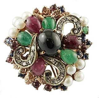 Diamonds, Emeralds, Rubies and Sapphires, Pearls, 9k Rose gold and Silver Vintage Ring