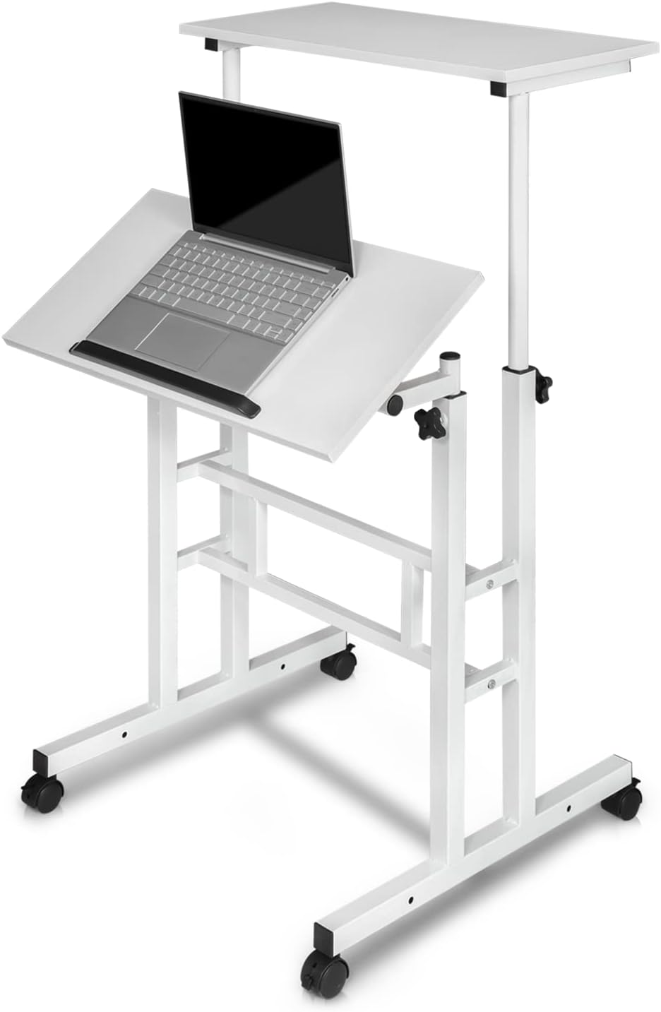 Magshion Adjustable Laptop Desk with Wheels Home Office Workstation Rolling White Table Laptop Cart for Standing or Sitting