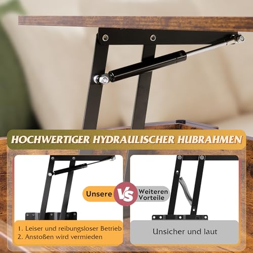 WLIVE Höhenverstellbarer Couchtisch mit Ablage, Wohnzimmertisch Rechteckig mit Offener und versteckter Stauraum, Kaffeetisch für Wohnzimmer, Schlafzimmer (Industriell, Rustikales Braun) – Bild 6