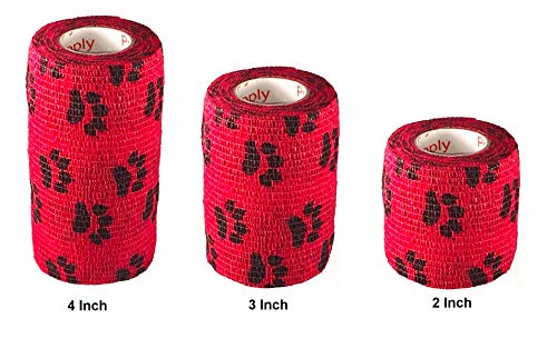 Image of Vet Wrap Wrap Tape (Red with Paws) (2 Pack) (4 Inch x 15 feet) Self Adhesive Adherent Adhering Cohesive Flex Self Stick Bandage Grip Roll Dog Cat Pet Horse