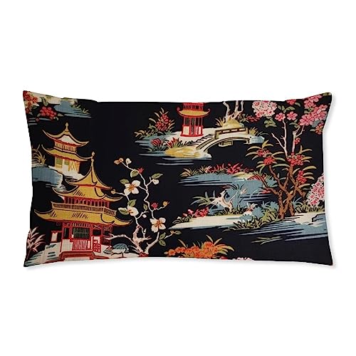 WoGuangis Chinoiserie Charcoal Coral Pagoda Waterproof Lumbar Pillow Set of 2 Pagoda and Flower Asian Style Outdoor Throw Pillow Chinoiserie Chic Asian Throw Pillowcase for Garden 12x20inch