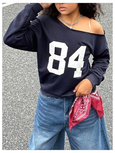 Girl's Number Jersey Sweatshirt Long Sleeve Off The Shoulder Sweatshirt Tops Pullover Streetwear3