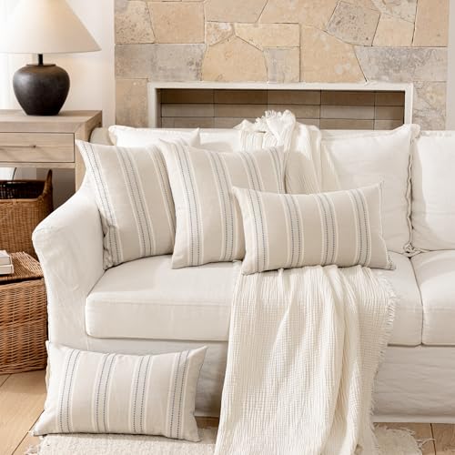 Image of Hckot Lumbar Throw Pillow Covers 12x24 Set of 2 Dusty Blue Pillow Covers Farmhouse Decorative Pillows Textured Linen Square Cushion Covers for Sofa Couch Bed Living Room Decor(Dusty Blue)