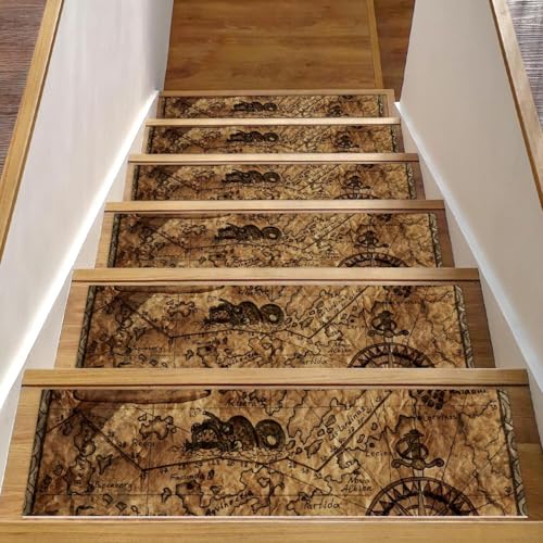 Eslifey Stufenmatten für Holzstufen, Motiv: alte Piratenkarte, rutschfest, für den Innenbereich, Treppenläufer für Hunde, Kinder, ältere Menschen, mit wiederverwendbarem Klebstoff, 15 Stück