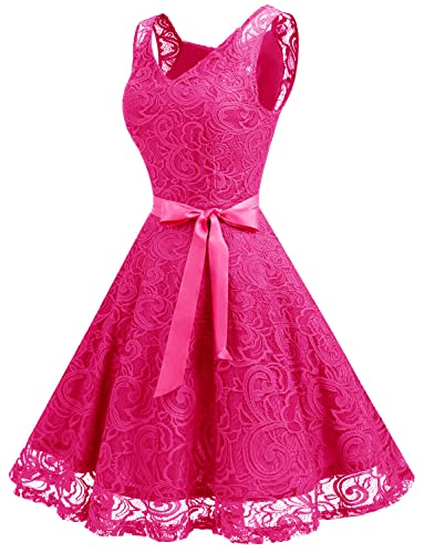 Image of Dressystar Women's Floral Lace V Neck Short Bridesmaid Cocktail Party Dress